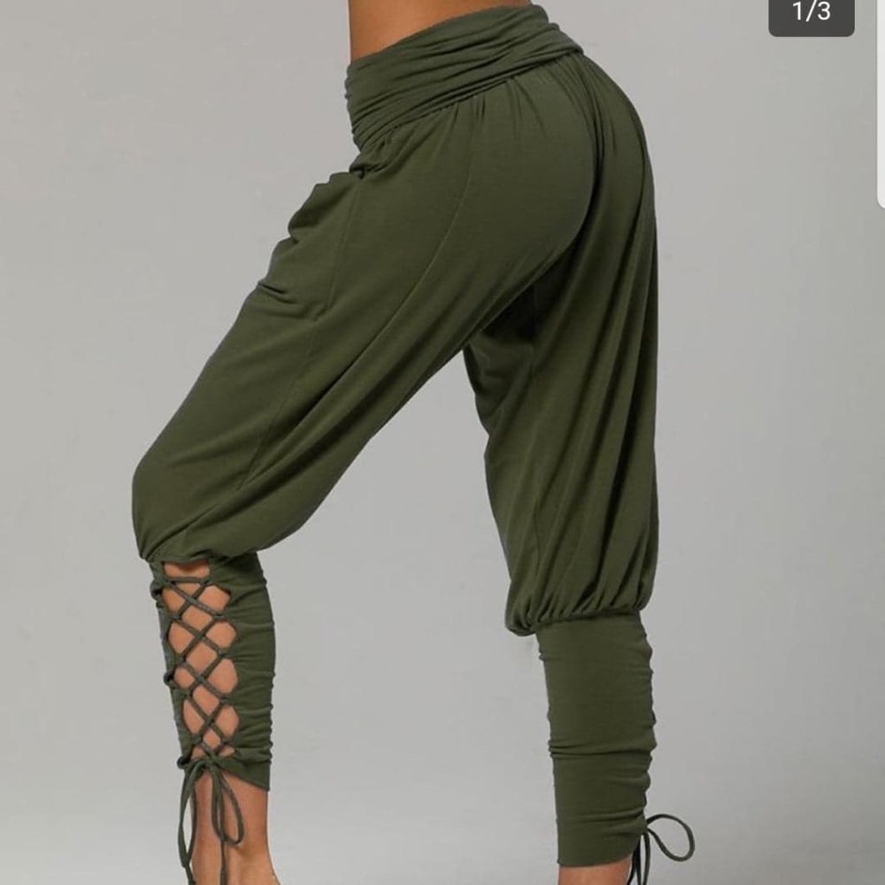 Tied Cuffed Bandage Casual Pants- Army Green
